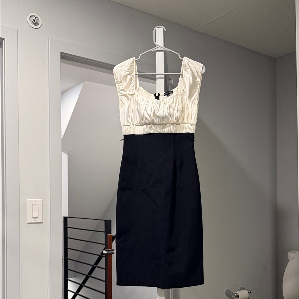 Cream and Black Two-Tone Midi Dress with Ruched Bodice
